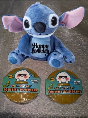 2 Omg Mystery Dumplings & Personalized Disney Stitch & Balloon:"Happy Birthday"